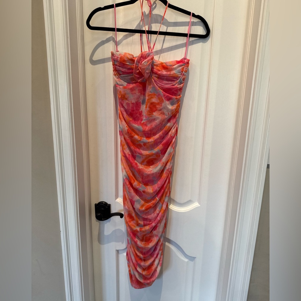 Zara Ruched Floral Midi Dress Pink Orange